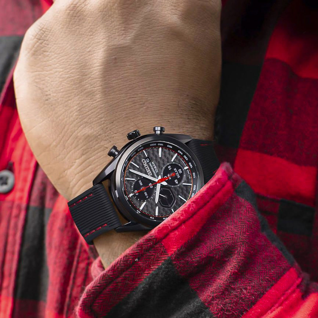 Seiko Solar Chronograph Black Dial Silicone Band Men's Watch | SSC777P1