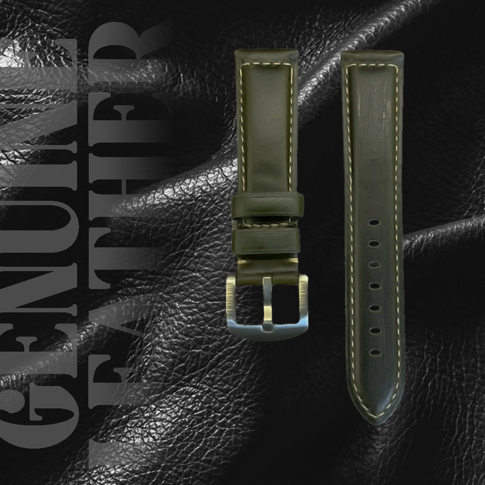 Cavern 20mm Plain Dark Green Stitched Leather Strap