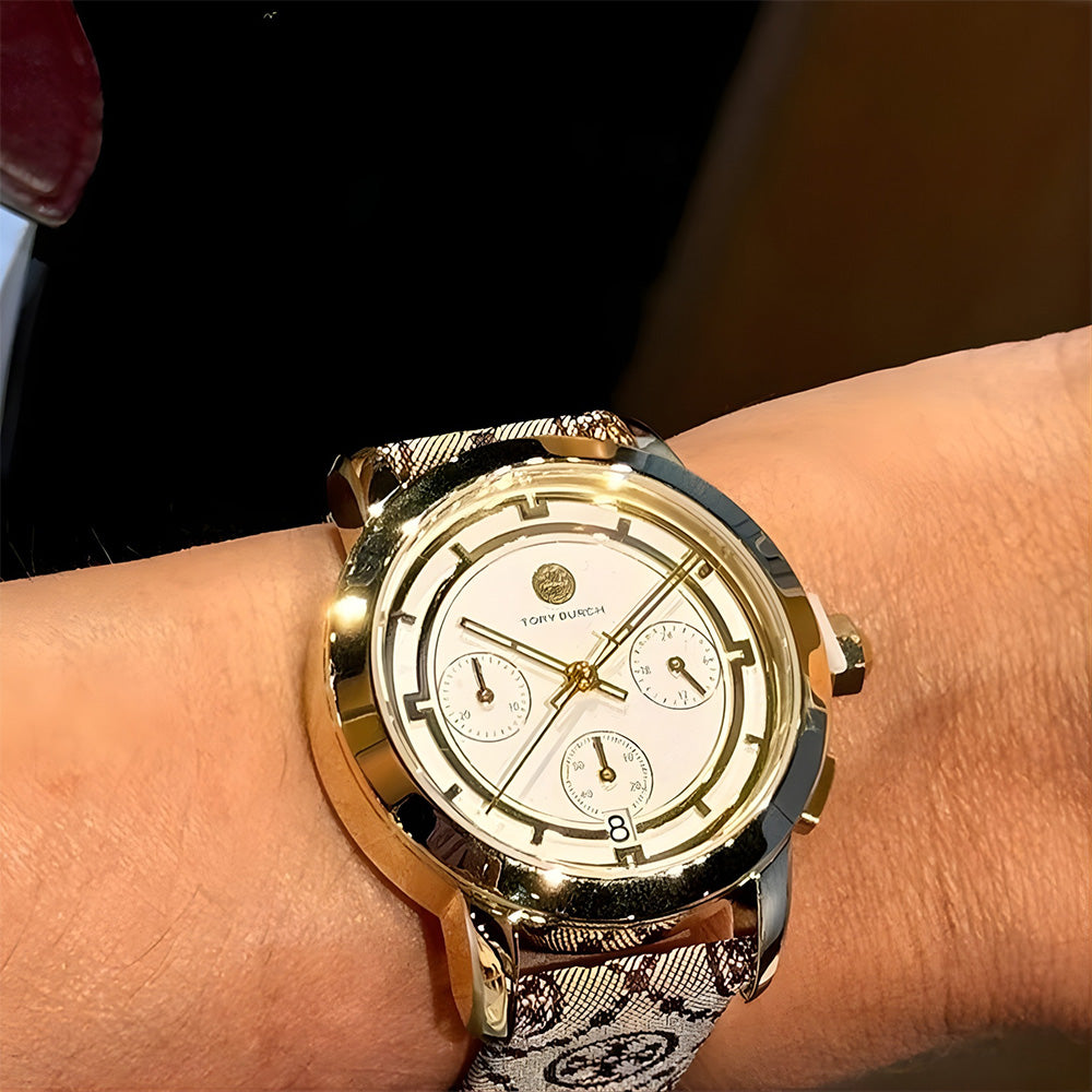 TORY BURCH MAROON JACQUARD GOLD DIAL LADIES WATCH TBW1051