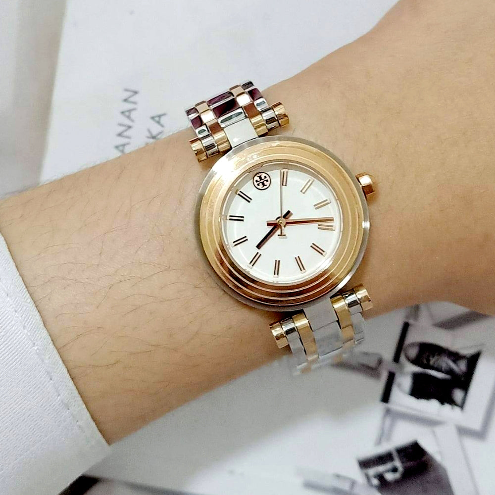 Tory Burch "Classic T" Two Tone White Dial Ladies Watch TBW9011