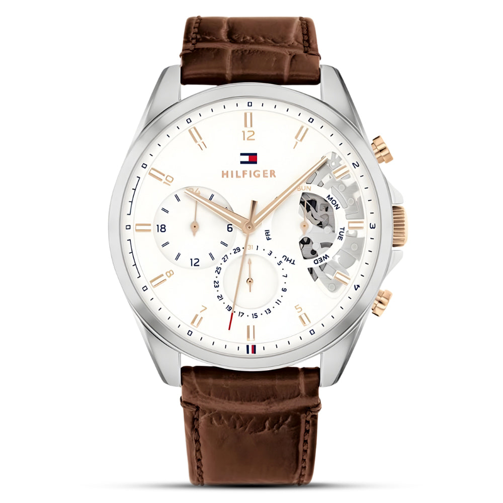 TOMMY HILFIGER White Dial Brown Leather Strap Watch TH1710450