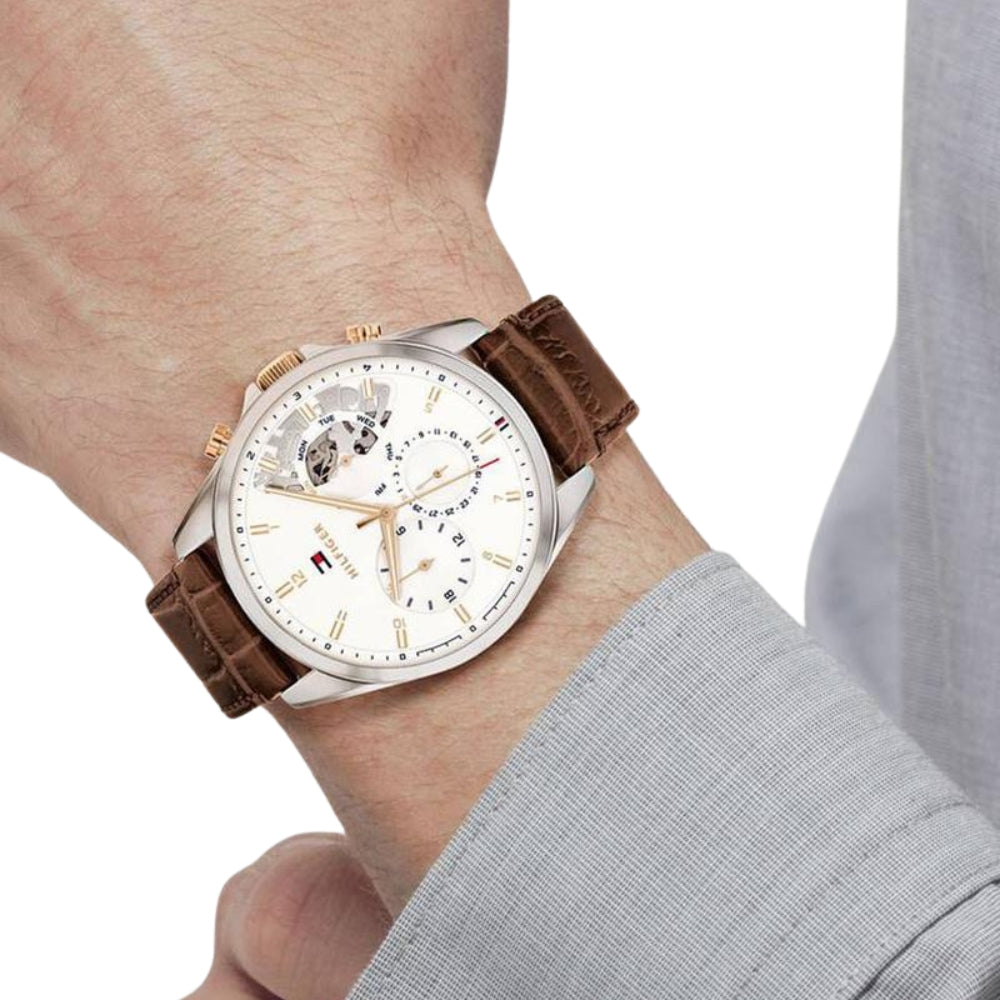 TOMMY HILFIGER White Dial Brown Leather Strap Watch TH1710450