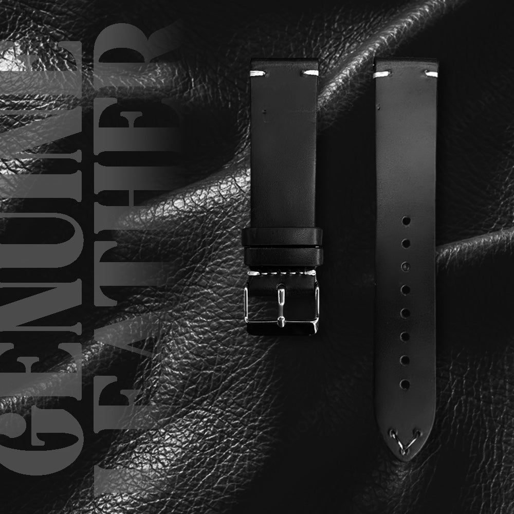 Cavern 22mm Black Full Grain Stitched Leather Strap