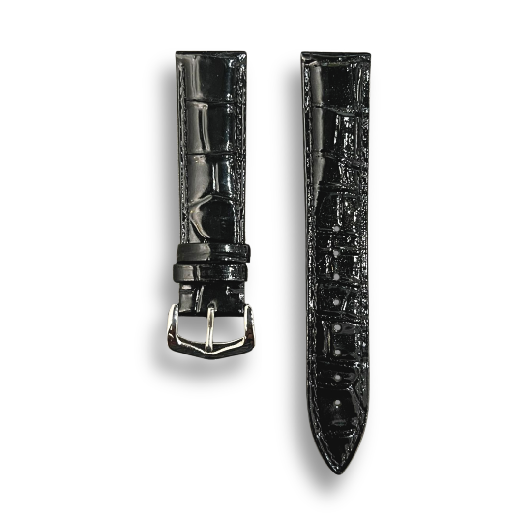 Cavern Crocodile Textured Glossy Black Leather Watch Strap | 20MM