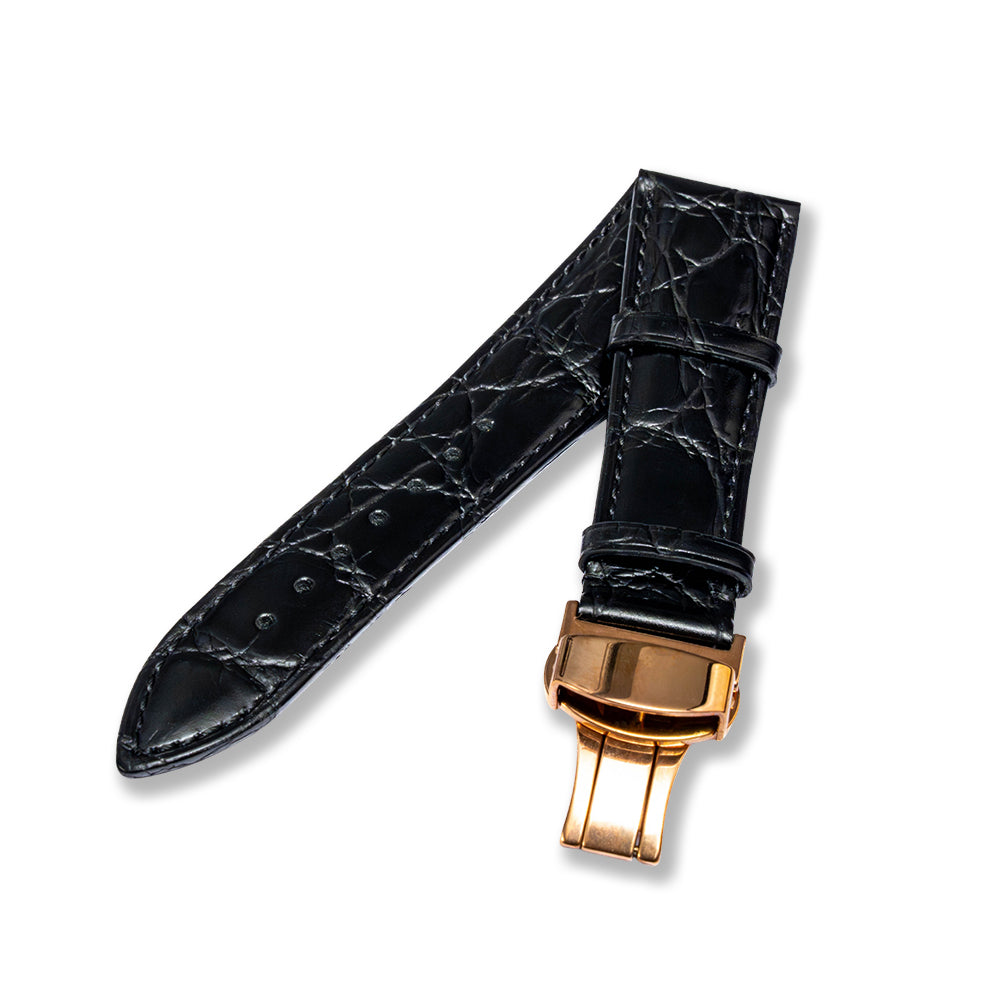 Cavern 22mm Black Genuine Alligator Leather Strap With Butterfly Clasp