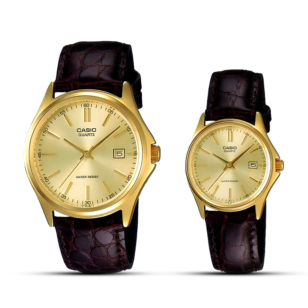 Casio Enticer Champagne Dial Leather Strap Couple Watch | MTP-1183Q-9ADF & LTP-1183Q-9ADF