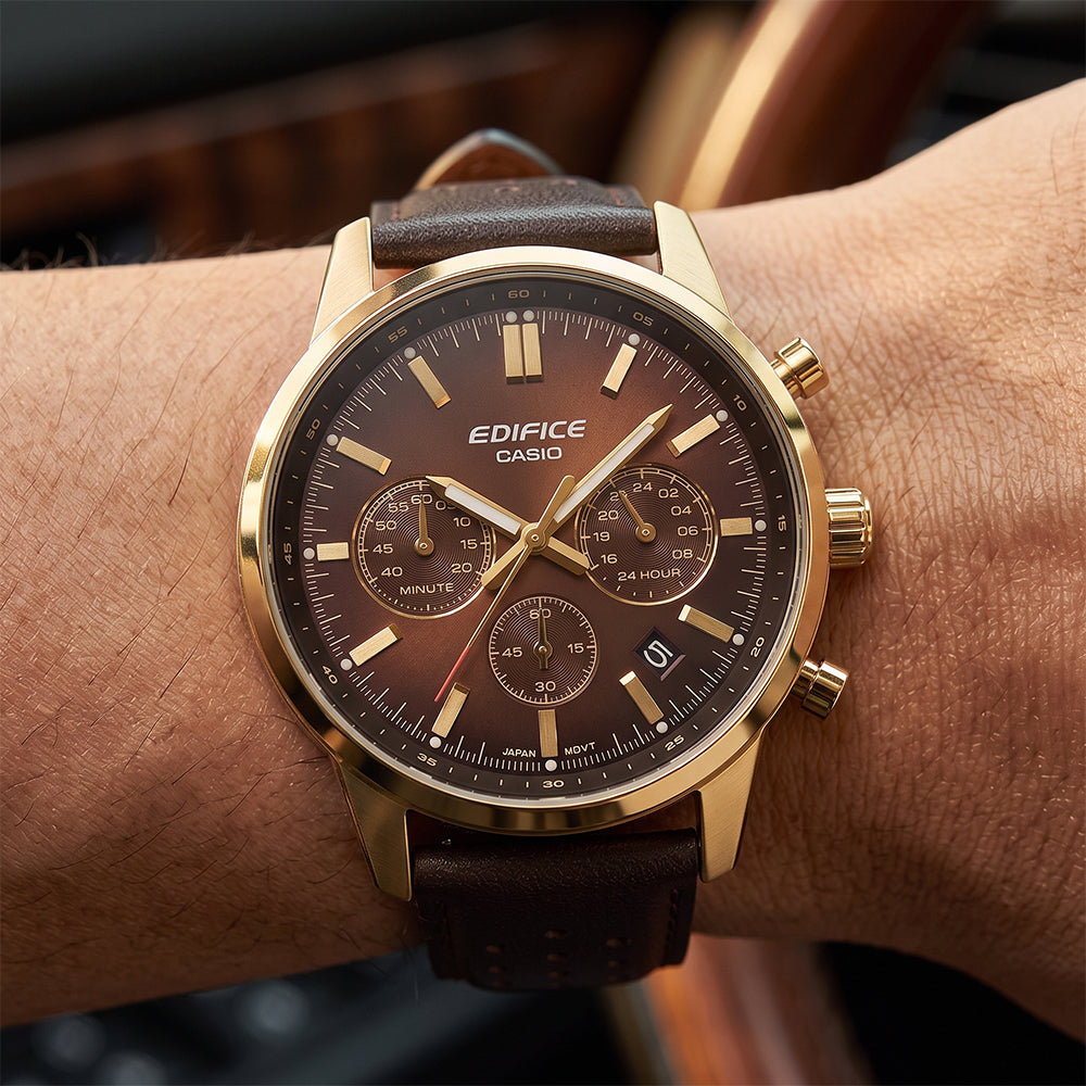 Casio Edifice Chronograph Dark Brown Dial Leather Strap Watch EFR-575CL-5ADF
