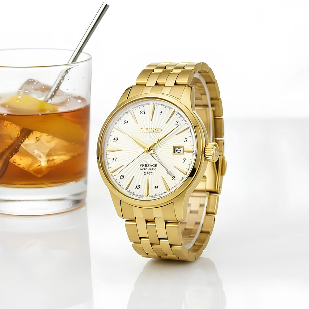 Seiko Presage Cocktail Time GMT Gold Tone Watch HCB004J1
