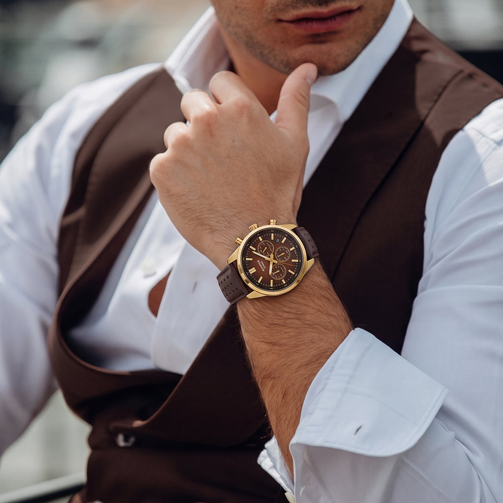 Casio Edifice Chronograph Dark Brown Dial Leather Strap Watch EFR-575CL-5ADF