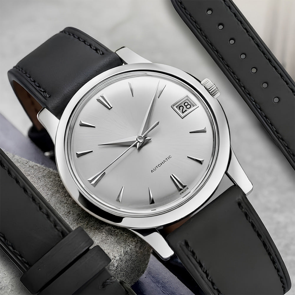Cavern 22mm Plain Black Stitched Full Grain Leather Strap