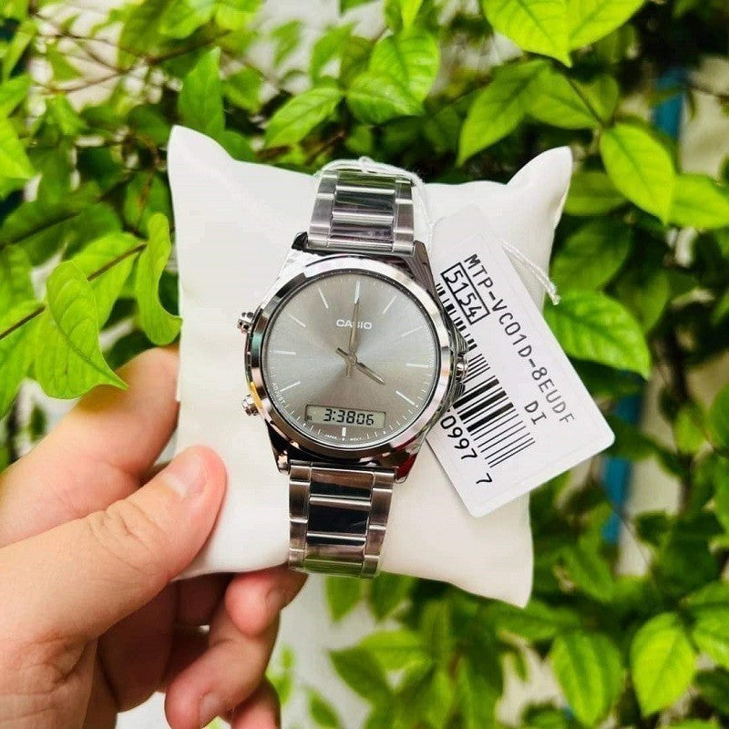 CASIO Grey Dial Analog Digital Dual Time Zone Men's Watch| MTP-VC01D-8E
