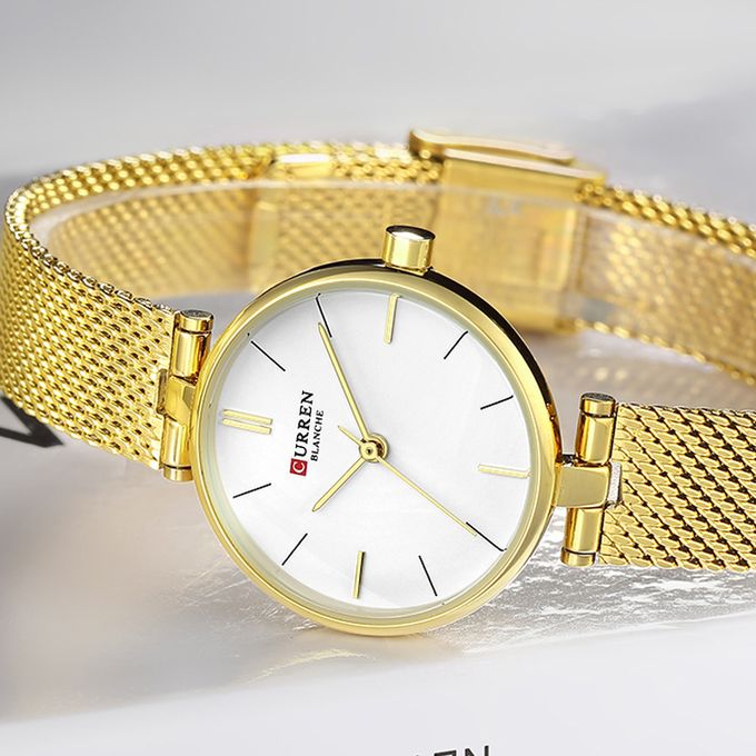 CURREN Stainless Steel Mesh Strap Watches Women's Quartz Watch Gold Bracelet Wristwatch Female Clock Ladies Dress Watch 9038(gold White) - Time Access store