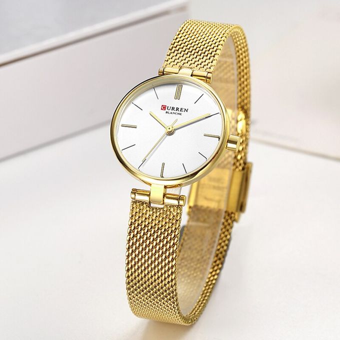 CURREN Stainless Steel Mesh Strap Watches Women's Quartz Watch Gold Bracelet Wristwatch Female Clock Ladies Dress Watch 9038(gold White) - Time Access store