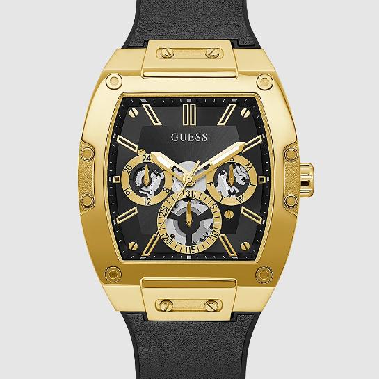 GUESS US Men's Black and Gold-Tone Square Multifunction Watch