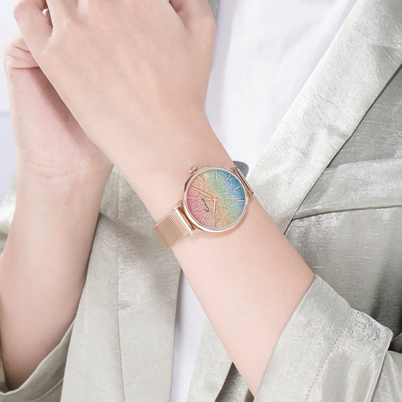 Kimio Brand Women Watch New Rainbow Gradient Color Glitter Ladies Simple Mesh Belt Fashion Gold Stainless Steel Quartz Watch - Time Access store