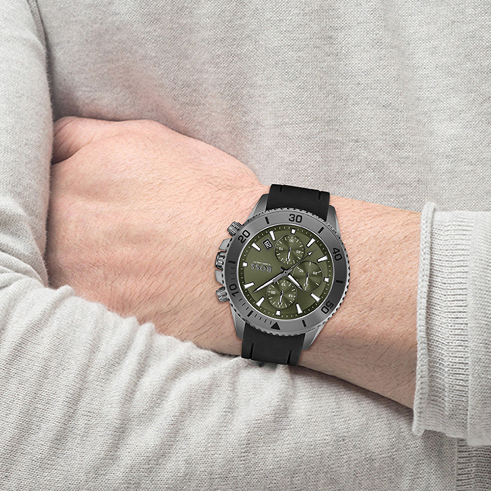 HUGO BOSS ADMIRAL OLIVE GREEN DIAL BLACK SILICON WATCH HB1513967 - Time Access store