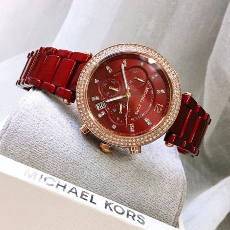 Michael Kors Round Chronograph Red Dial Ladies Watch, MK 6805 - Time Access store