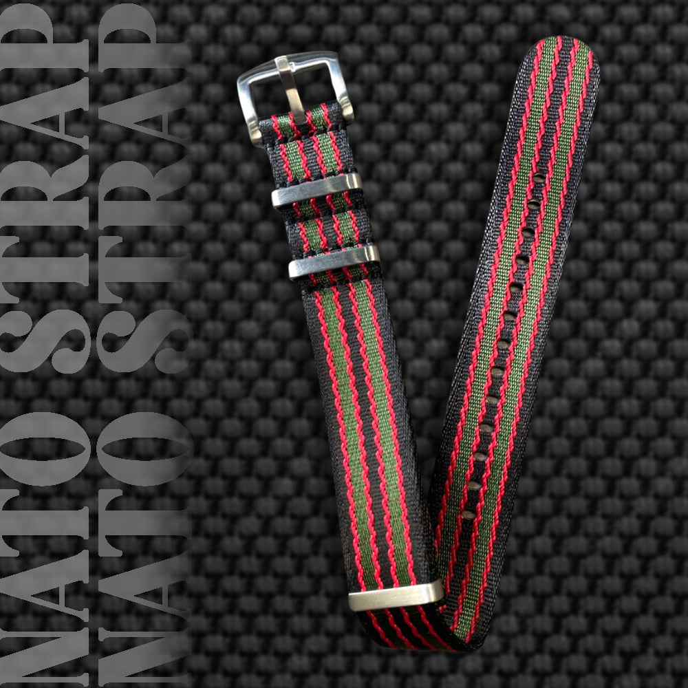 Cavern 20mm Premium Black Red Green Stripe Nato Watch Strap