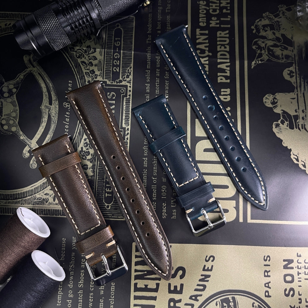 Cavern 20mm Plain Coffee Brown Leather White Stitching Strap