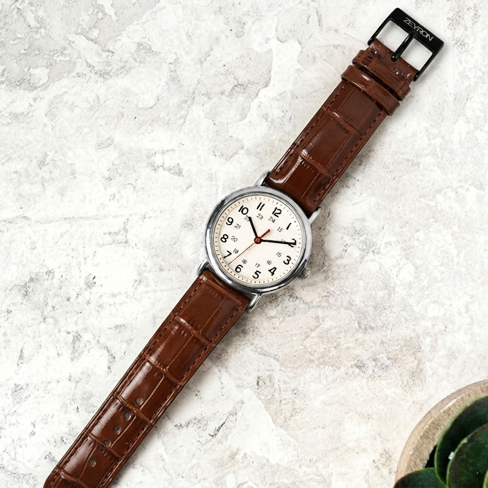 Zeyron 22mm Brown Crocodile Texture Genuine Leather Strap