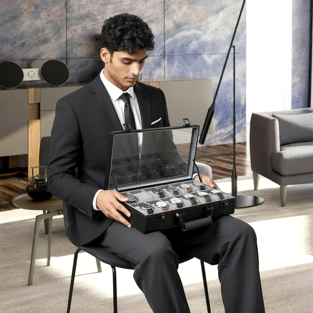 12 Slots Premium Black Watch Case with Handle-Stylish & Secure Storage