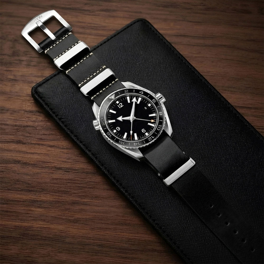 Zeyron 22mm Black Cowhide Leather Nato Strap