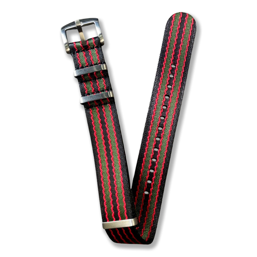Cavern 20mm Premium Black Red Green Stripe Nato Watch Strap
