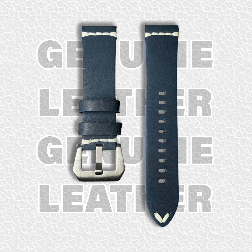 Cavern 22mm Blue Full Grain Stitched Leather Strap
