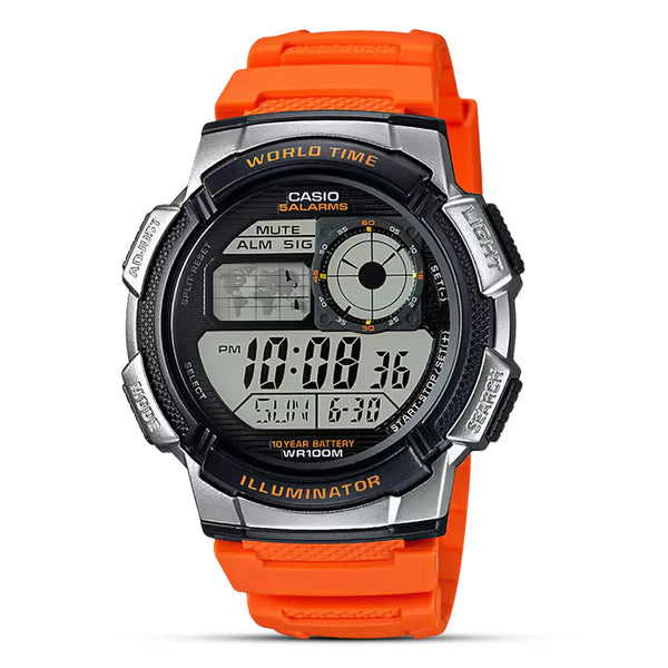 Casio World Timer Orange Resin Strap Men's Watch | AE-1000W-4BVDF