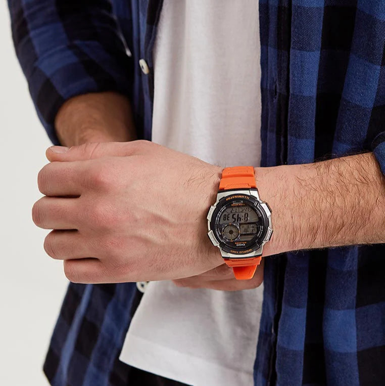 Casio World Timer Orange Resin Strap Men s Watch AE 1000W 4BVDF