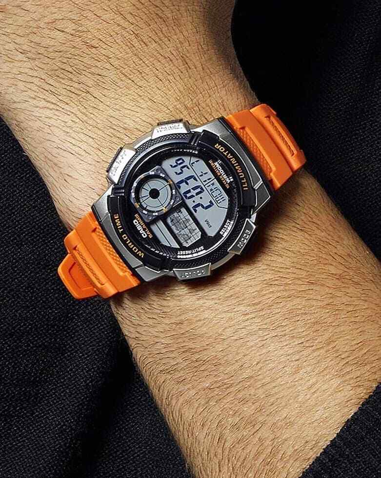 Casio World Timer Orange Resin Strap Men's Watch | AE-1000W-4BVDF