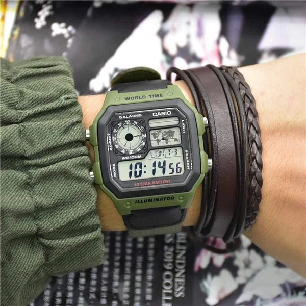 CASIO ARMY GREEN NYLON DIGITAL MEN'S WATCH| AE-1200WHB-3BVDF