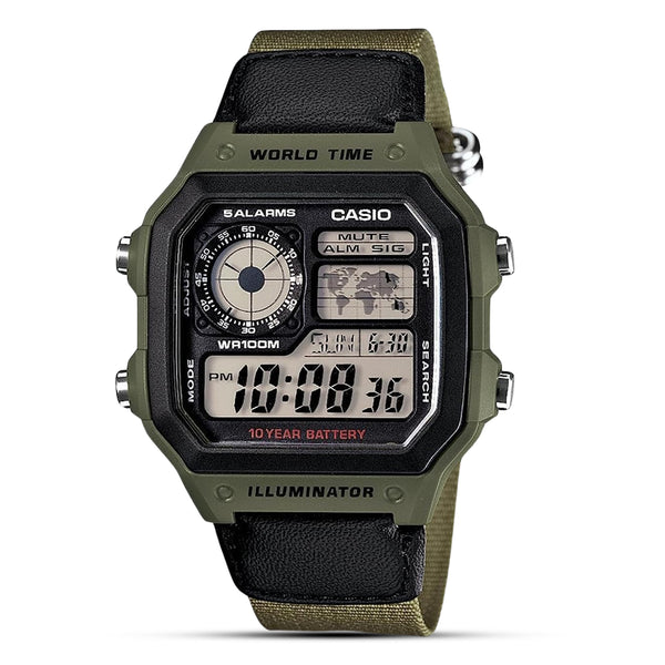 CASIO ARMY GREEN NYLON DIGITAL MEN'S WATCH| AE-1200WHB-3BVDF