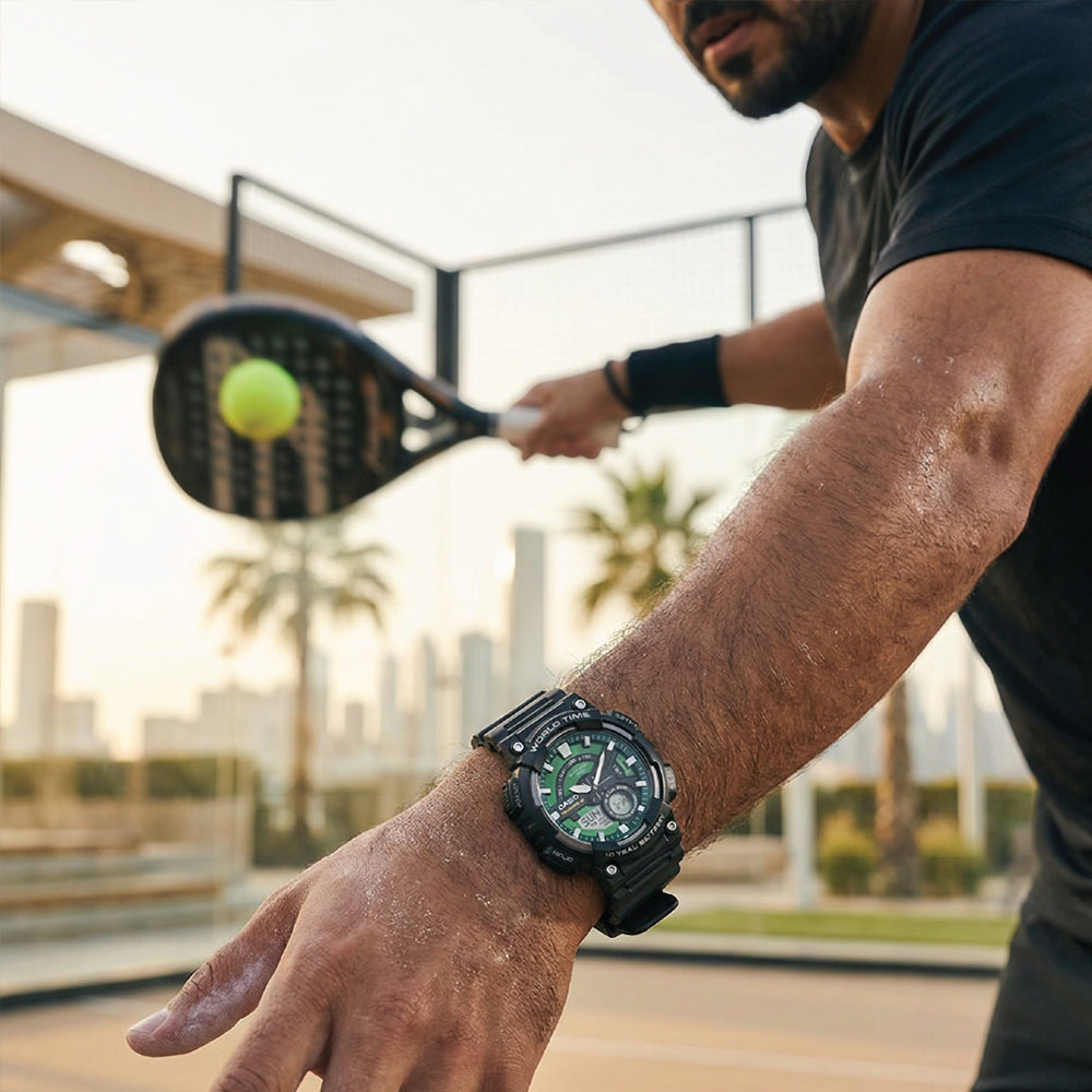 CASIO SPORTS DUAL TIME GRREN DIAL WATCH | AEQ-110W-3A2VDF