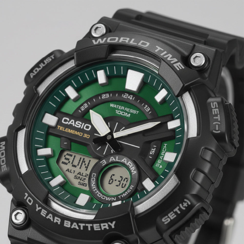 CASIO SPORTS DUAL TIME GRREN DIAL WATCH | AEQ-110W-3A2VDF