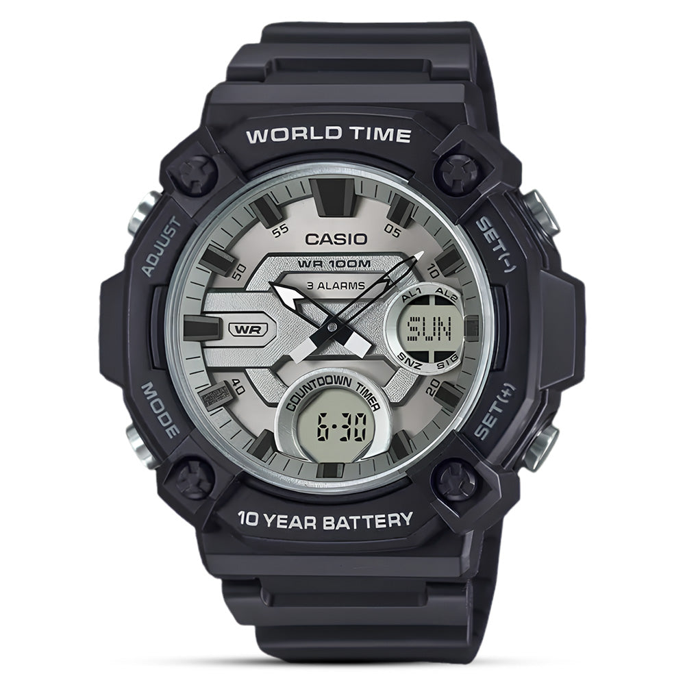 CASIO ANALOGUE-DIGITAL SILVER DIAL RESIN STRAP WATCH AEQ-120W-7AVDF