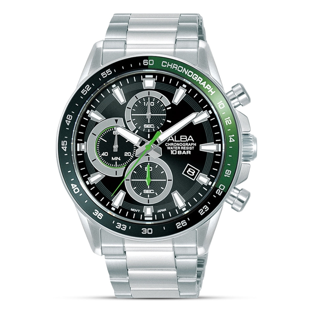 ALBA Chronograph Black Dial Green Bezel Men's Watch | AM3A25X