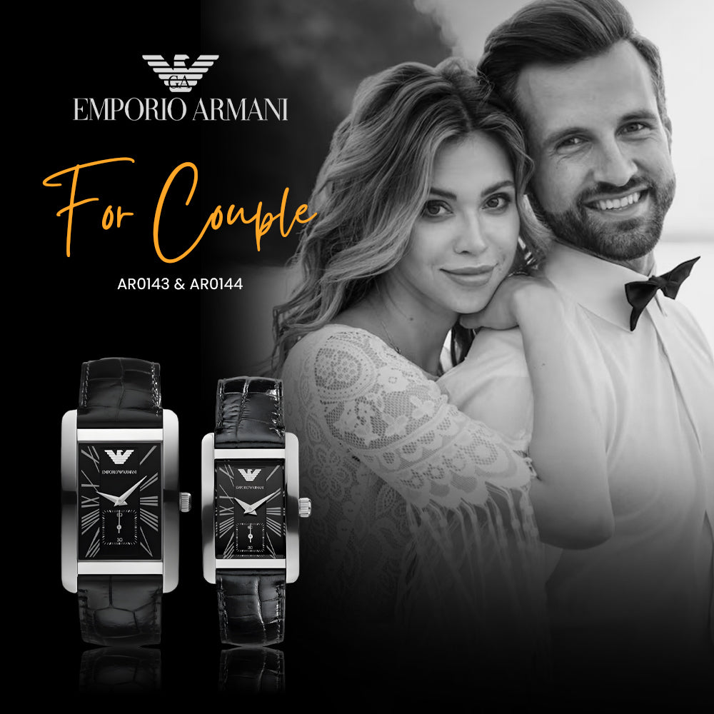 Emporio Armani Leather Strap Black Dial Couple Watch | AR0144 & AR0143
