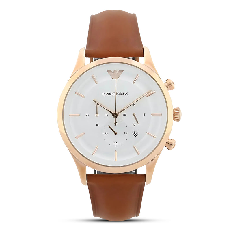 Emporio Armani Classic Silver Dial Leather Strap Watch | AR11043