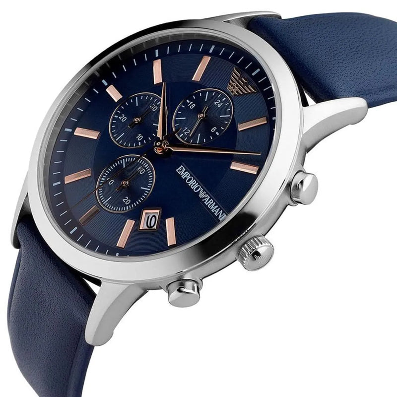 Emporio Armani Renato Blue Chronograph Leather Strap Watch | AR11216