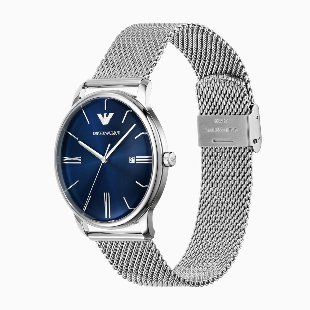 Emporio Armani Silver Tone Blue Dial Mesh Strap Watch | AR11571