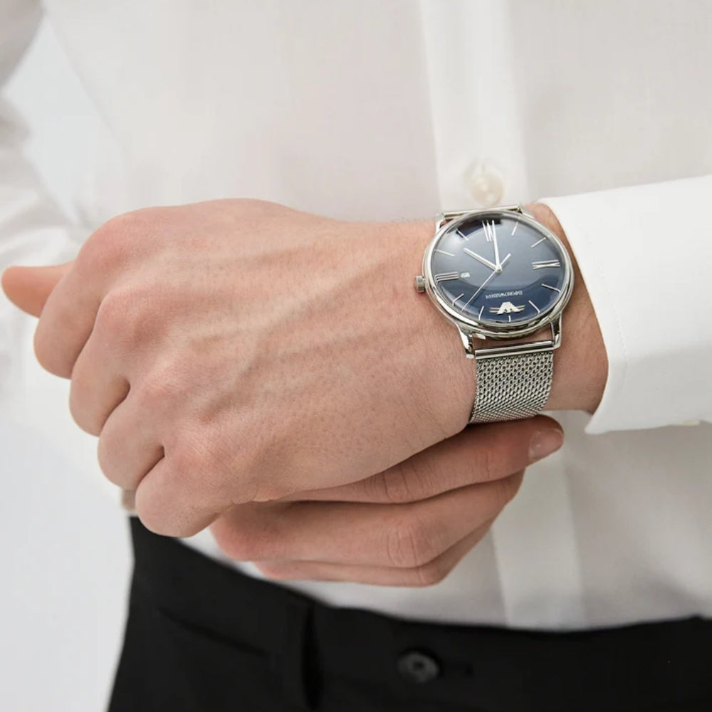 Emporio Armani Silver Tone Blue Dial Mesh Strap Watch | AR11571