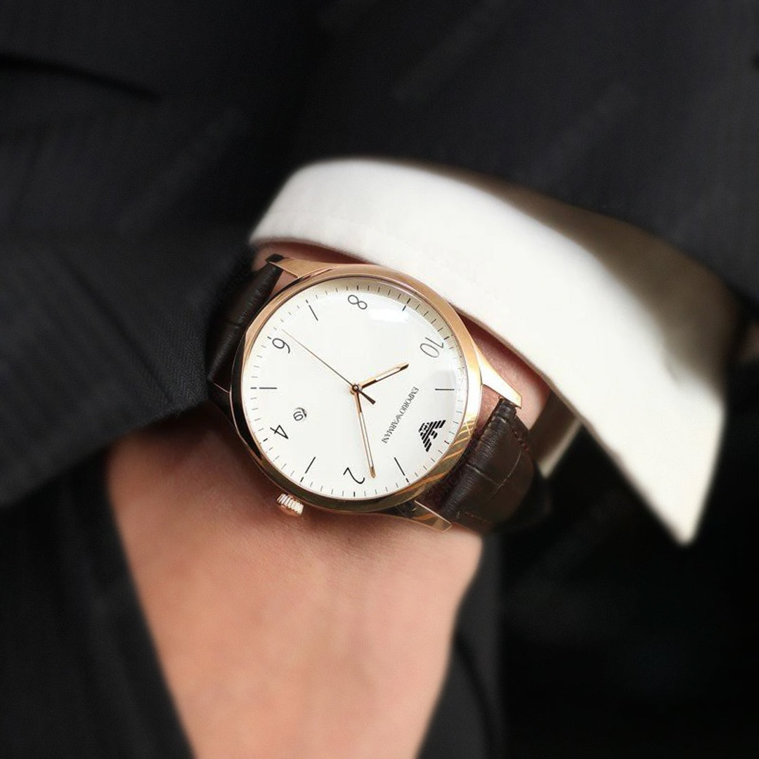 Emporio Armani White Dial Brown Leather Strap Men's Watch | AR1915