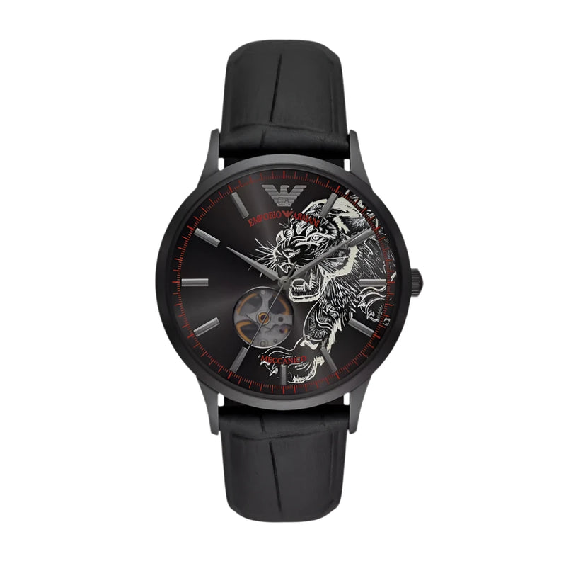 Emporio Armani Black Tiger Automatic Dial Leather Strap Men's Watch | AR60046