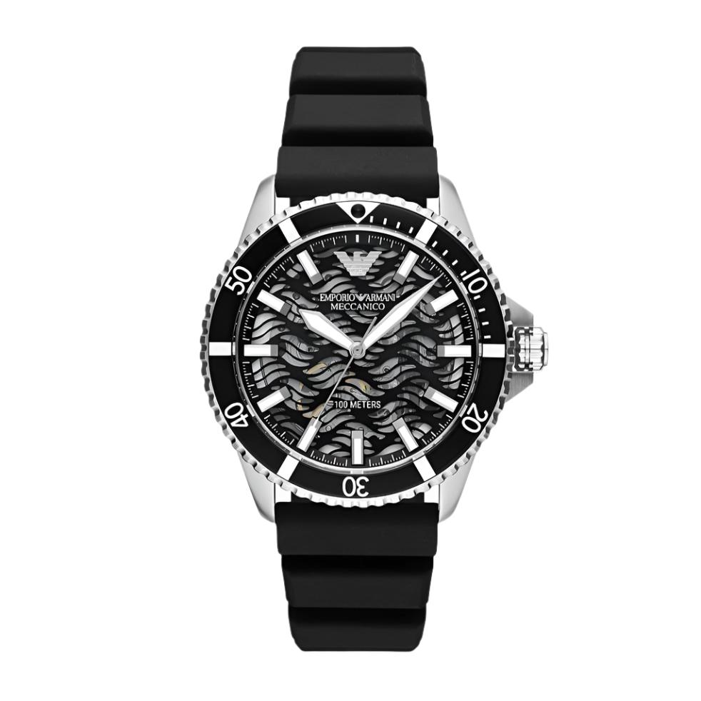 Emporio Armani Meccanico Silver Skeleton Dial Black Leather Strap Watch For Men - AR2072