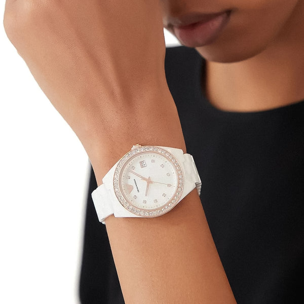 Emporio Armani Leo Ceramic White Ladies Watch | AR70007