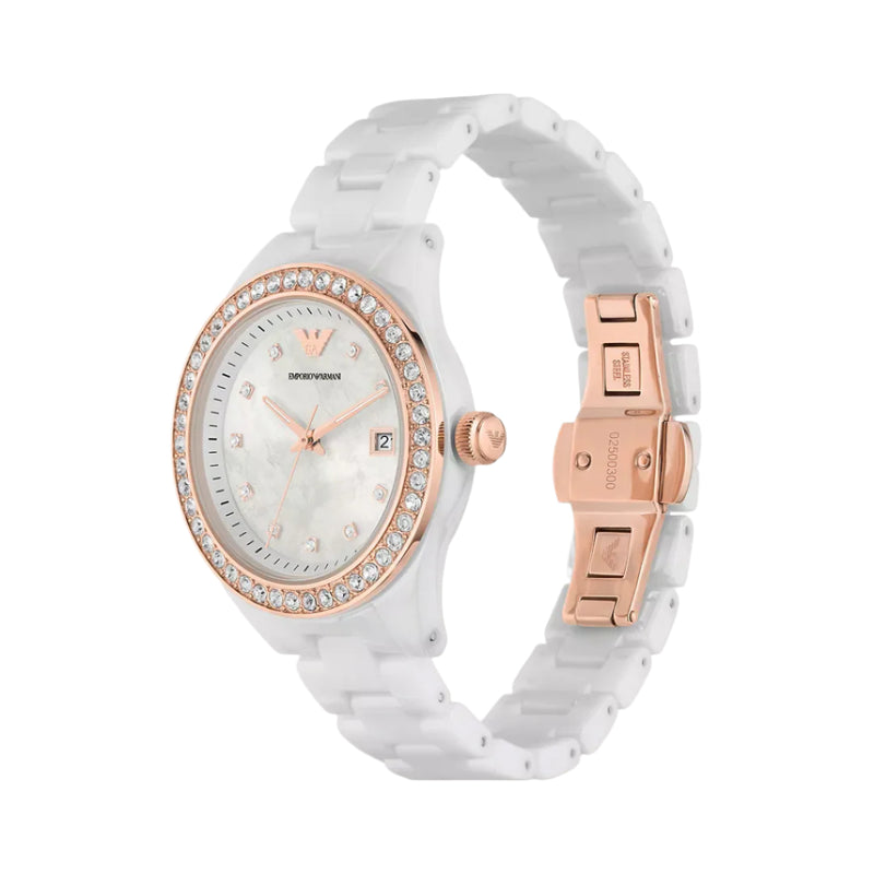 Emporio Armani Leo Ceramic White Ladies Watch | AR70007