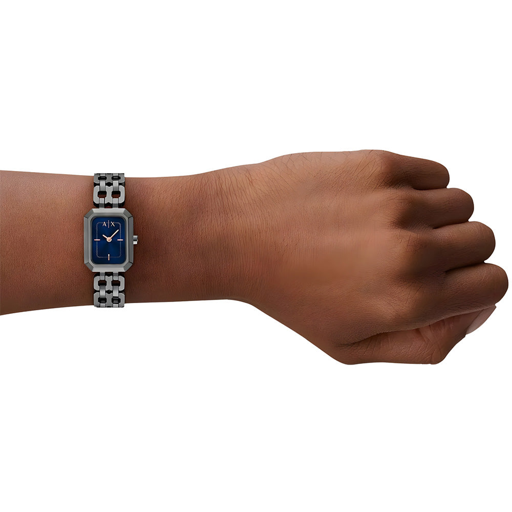 Armani Exchange Rectangle Gunmetal Blue Dial Ladies Watch AX5812