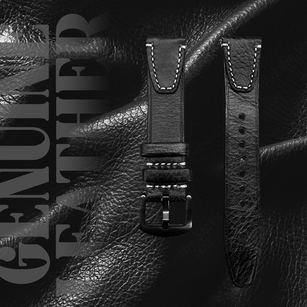 Cavern Premium 22mm Black Double Stitched Leather Strap
