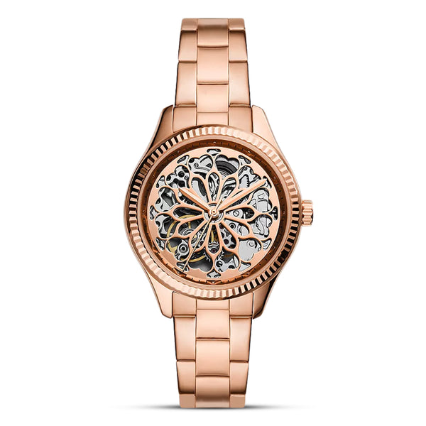 Fossil Rye Automatic Rose Gold Tone Dial Ladies Watch | BQ3754